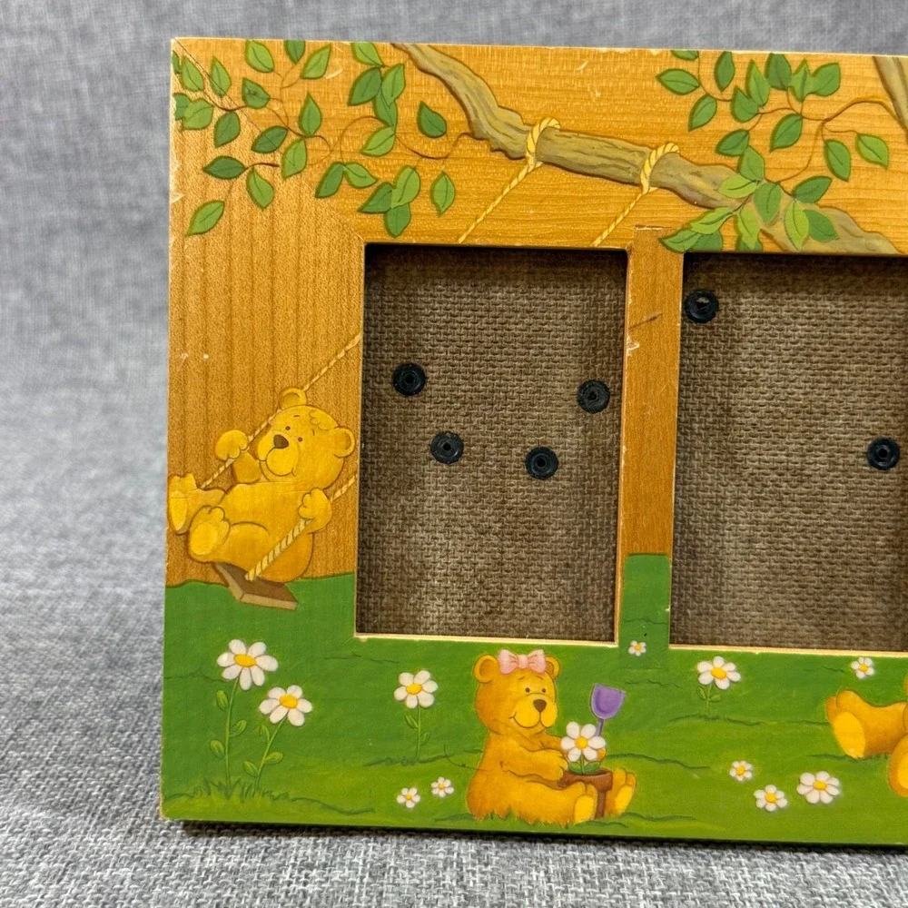 VTG Fetco Teddy Bear Tree Double Photo Frame Kids Baby Nursery Green Wood Whimsy